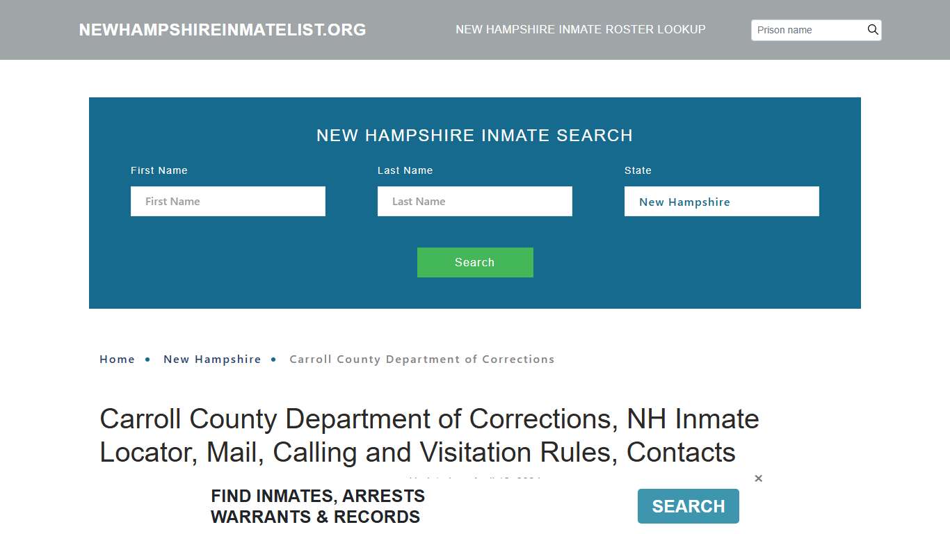 Carroll County Department of Corrections, NH: Inmate Search Options, Visitations, Contacts